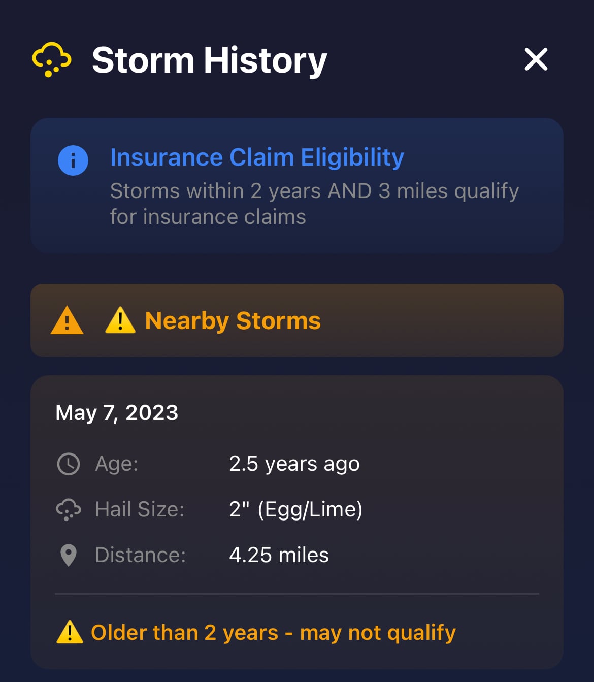Storm data verification by GPS location for insurance claims showing hail damage history